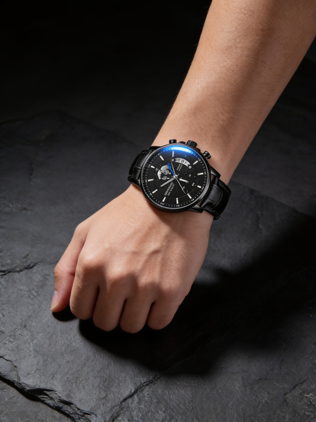 LOUIE JUELEN 42mm sport quartz watch, all black case and dial, low key lighting