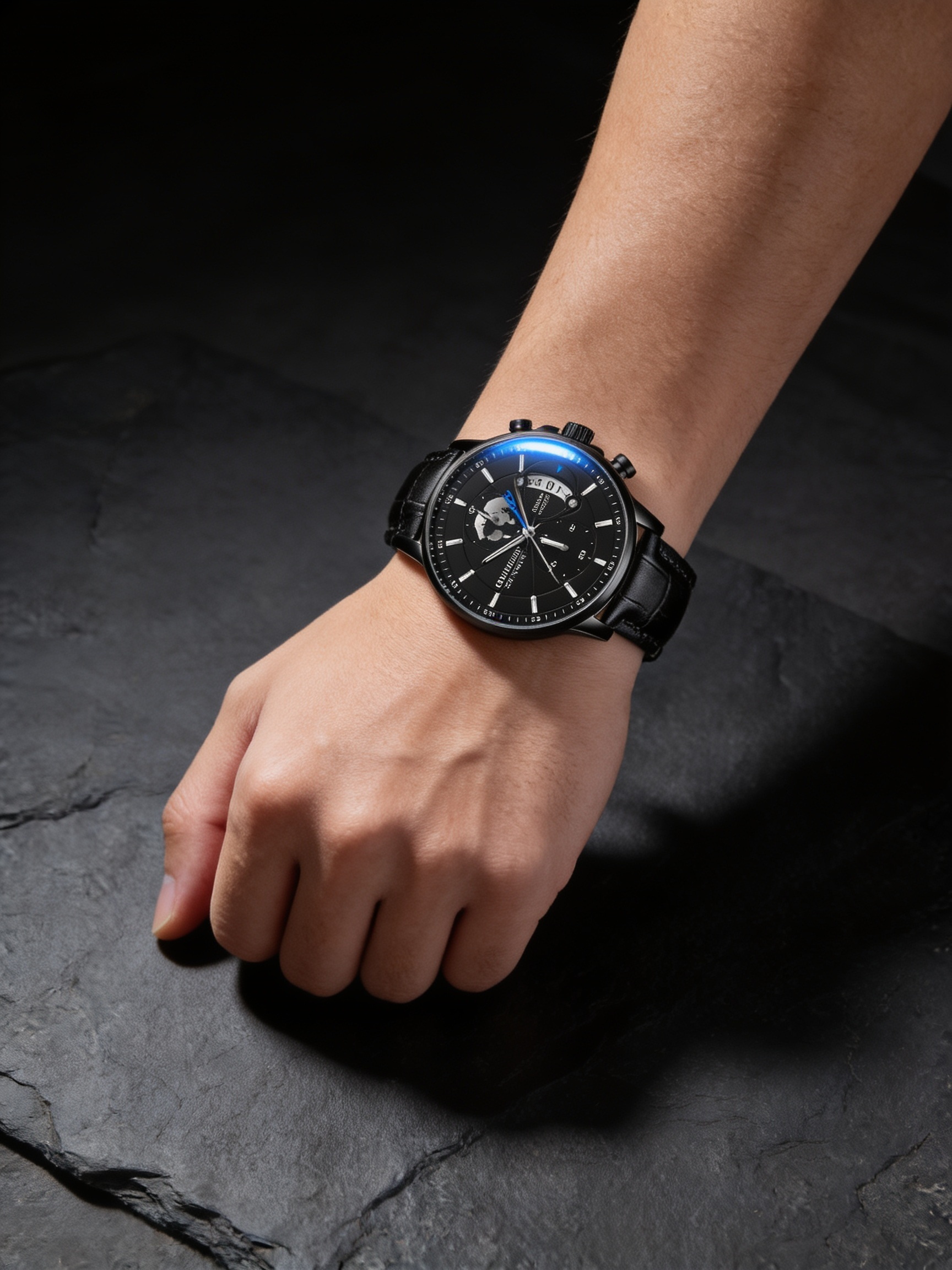 LOUIE JUELEN 42mm sport quartz watch, all black case and dial, low key lighting