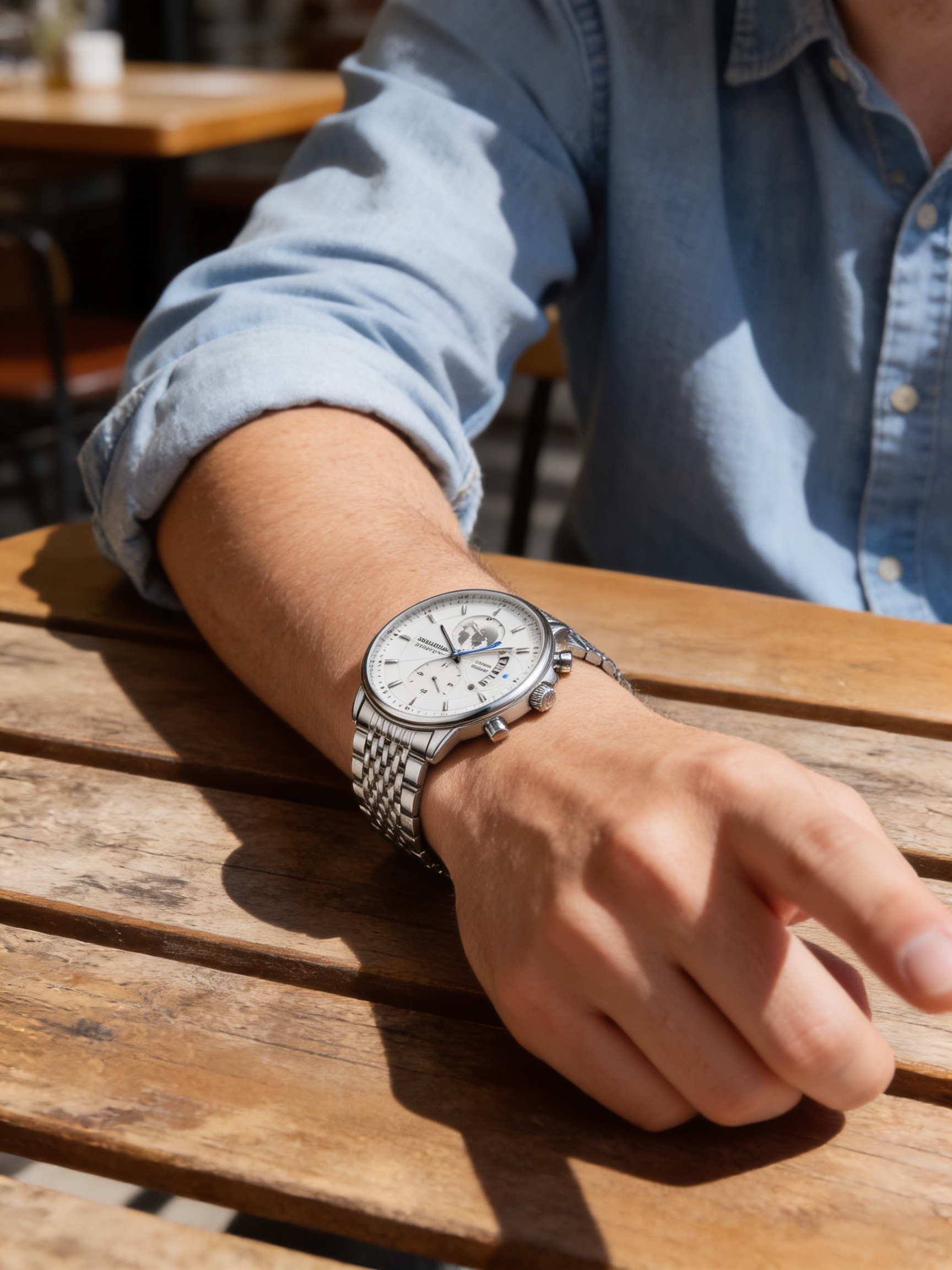 LOUIE JUELEN 42mm sport quartz watch, white globe dial on a steel bracelet, worn at a cafe