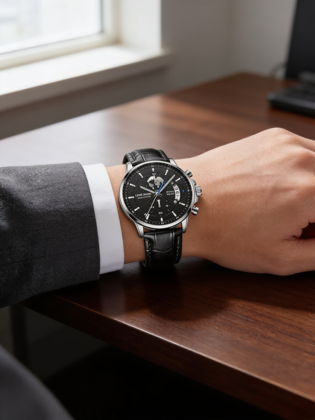 LOUIE JUELEN 42mm sport quartz watch, silver case and black globe dial, worn at a desk