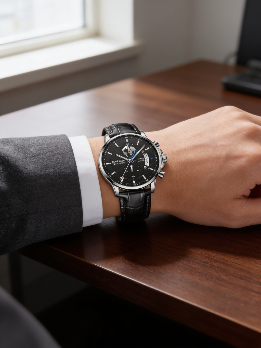 LOUIE JUELEN 42mm sport quartz watch, silver case and black globe dial, worn at a desk
