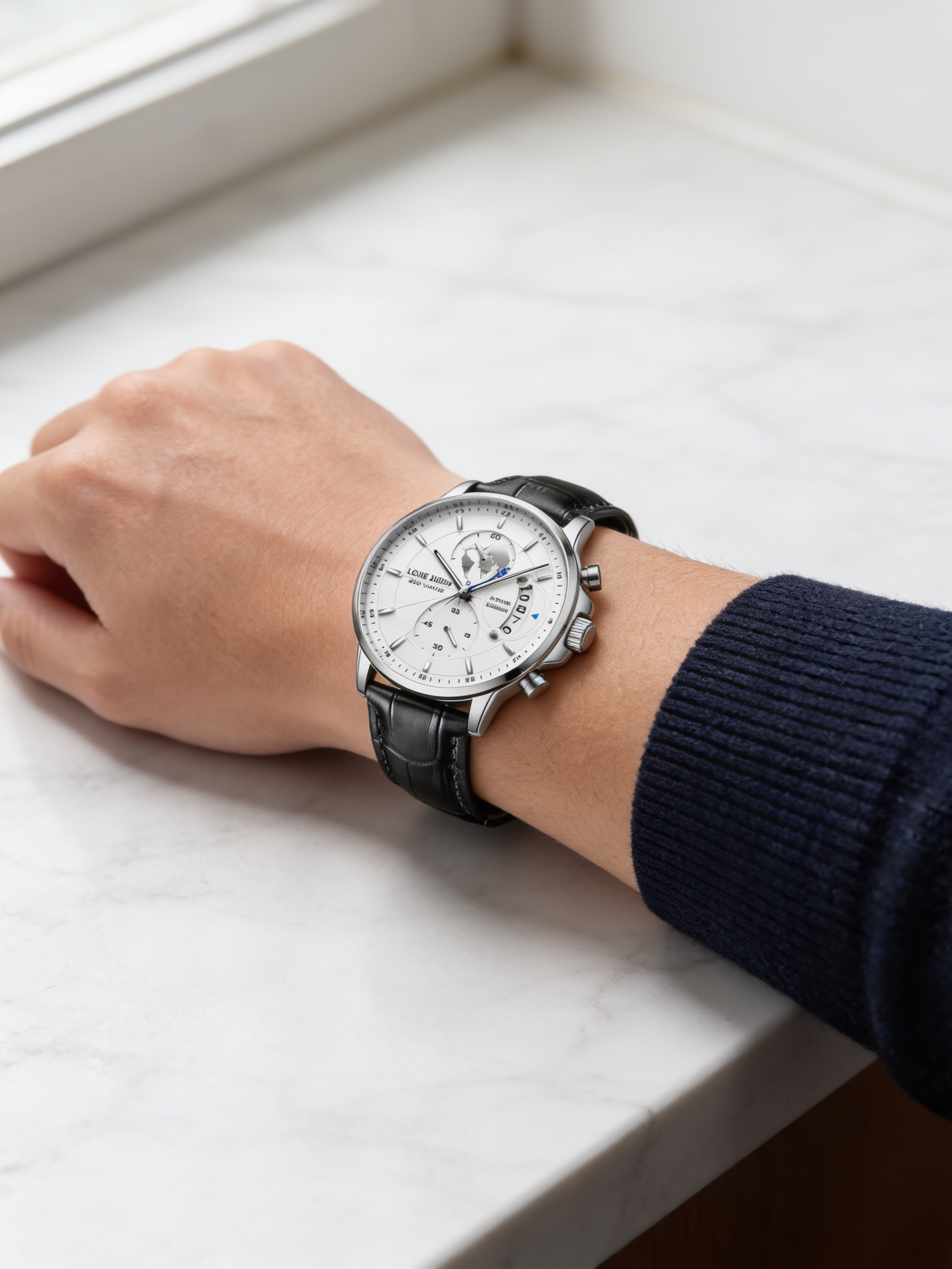 LOUIE JUELEN 42mm sport quartz watch, silver case and white globe dial on black leather