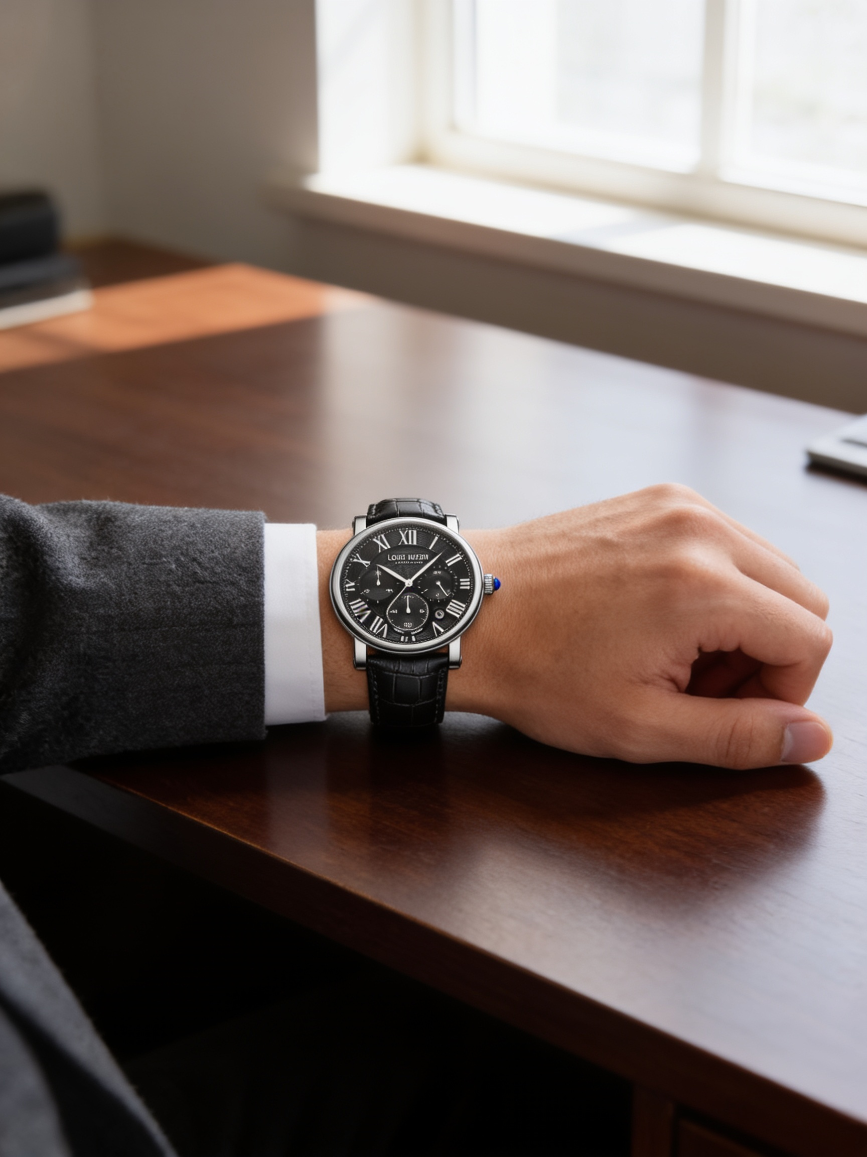 LOUIE JUELEN 40mm Roman-dial quartz watch, silver case and black dial, worn at a desk