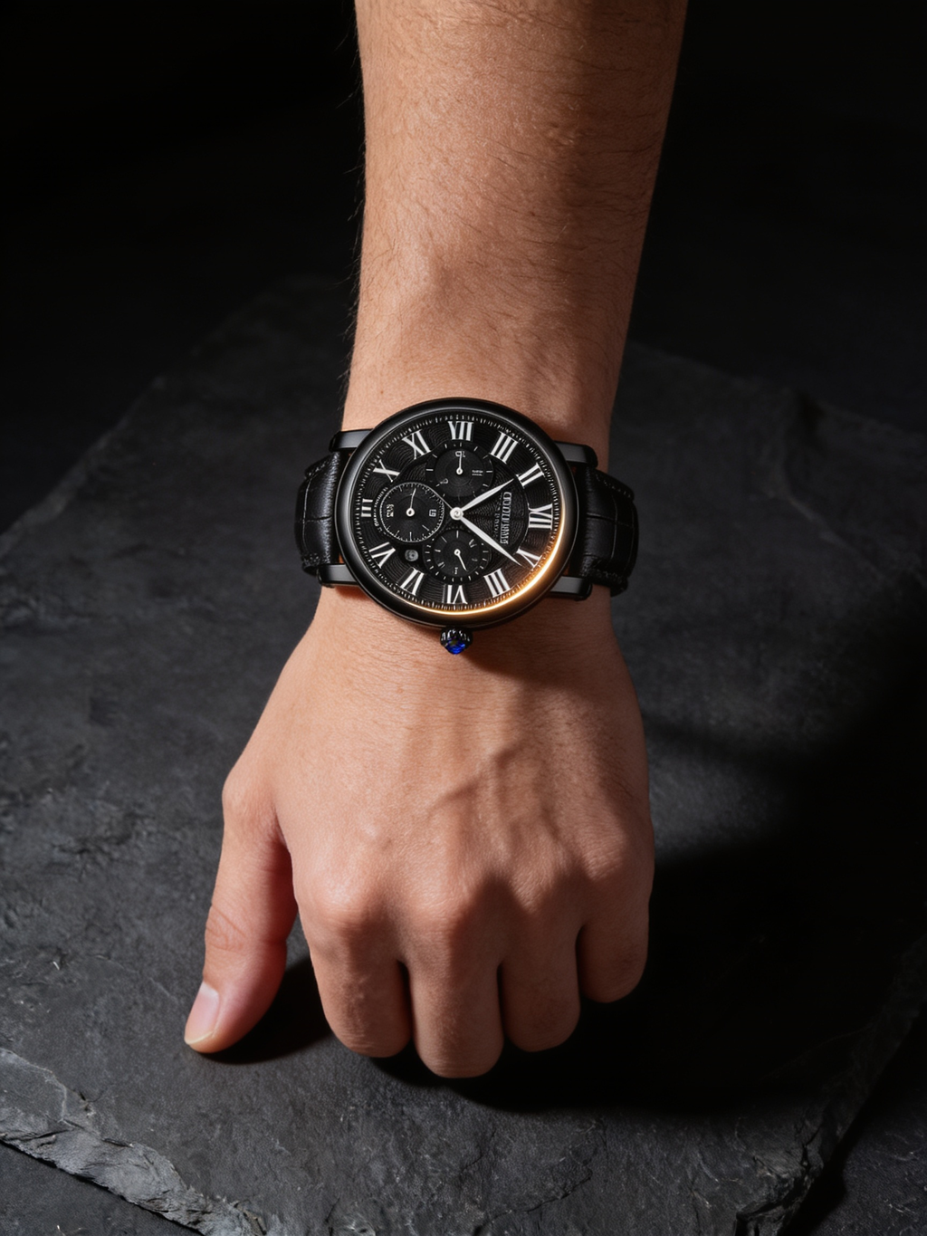 LOUIE JUELEN 40mm Roman-dial quartz watch, all black case and dial, low key lighting