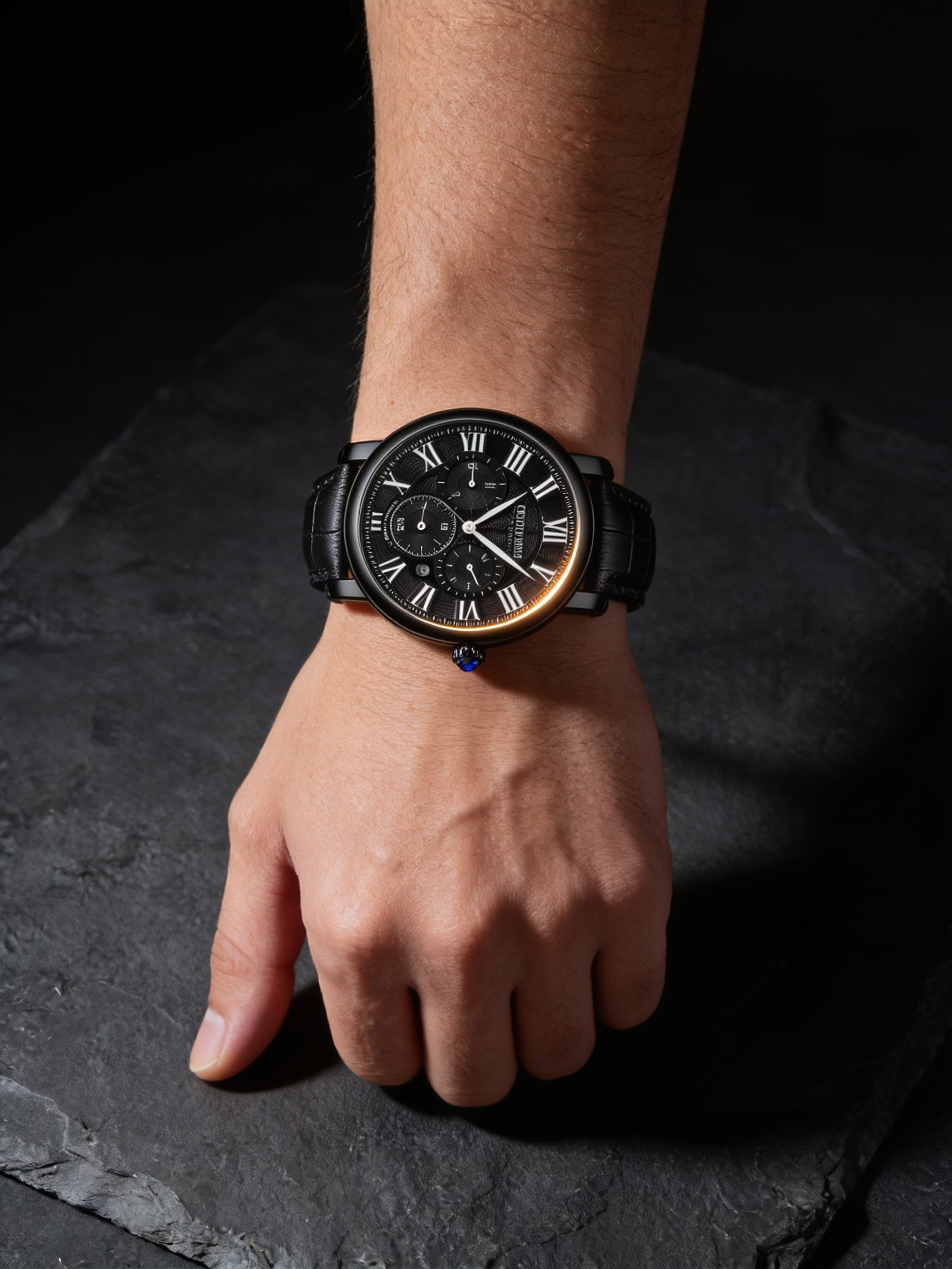 LOUIE JUELEN 40mm Roman-dial quartz watch, all black case and dial, low key lighting