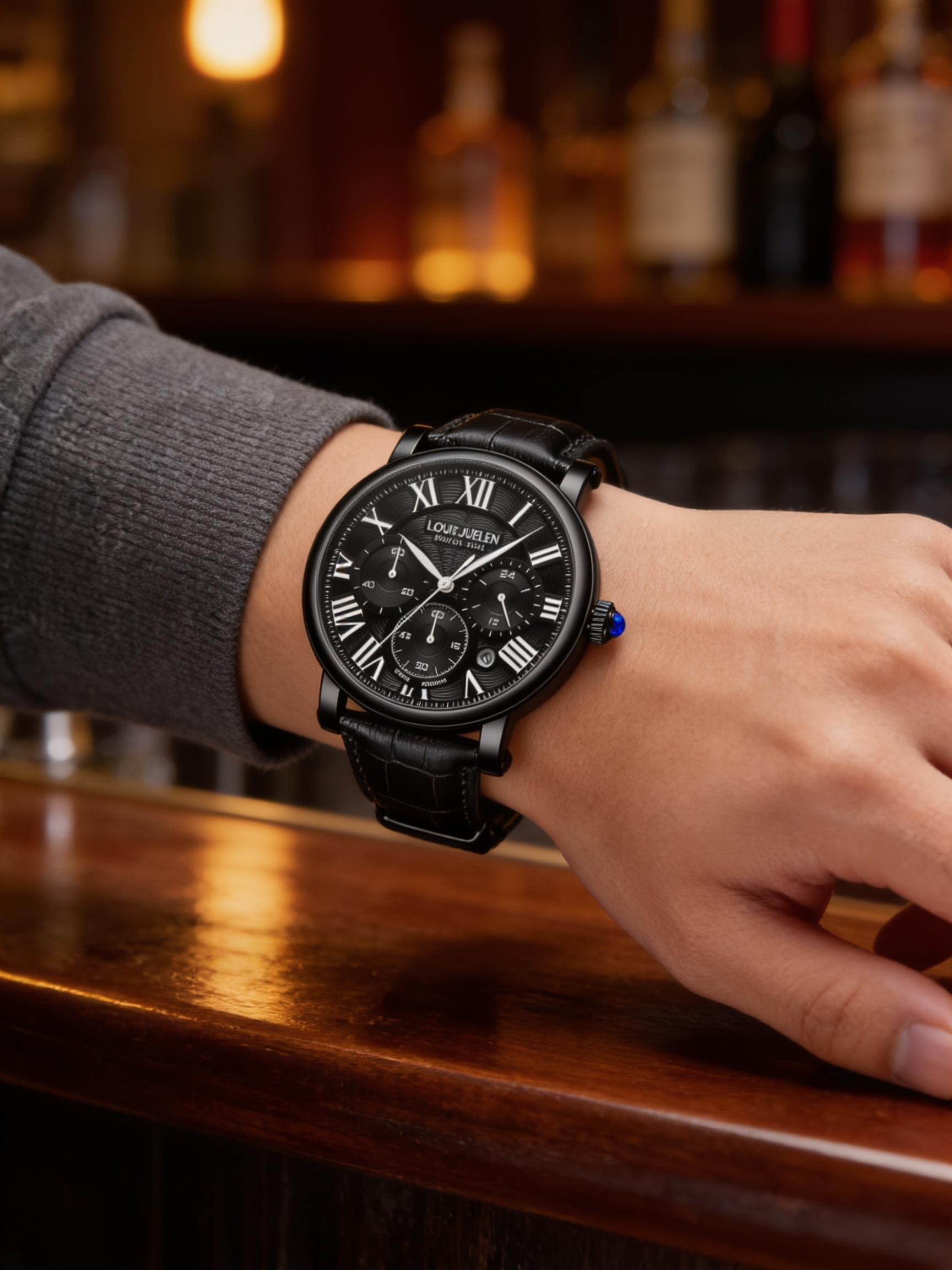 LOUIE JUELEN 40mm Roman-dial quartz watch, all black case and dial, worn at a bar