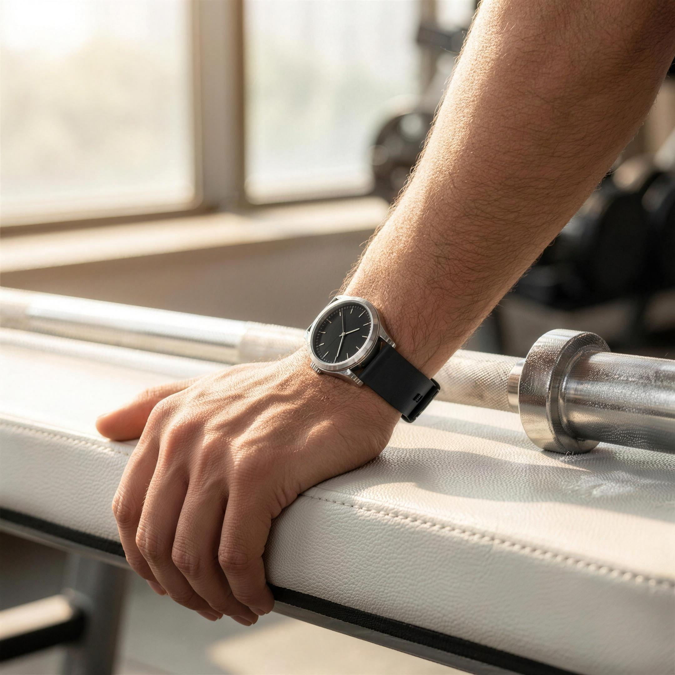Black solid silicone strap worn on a wrist in a gym
