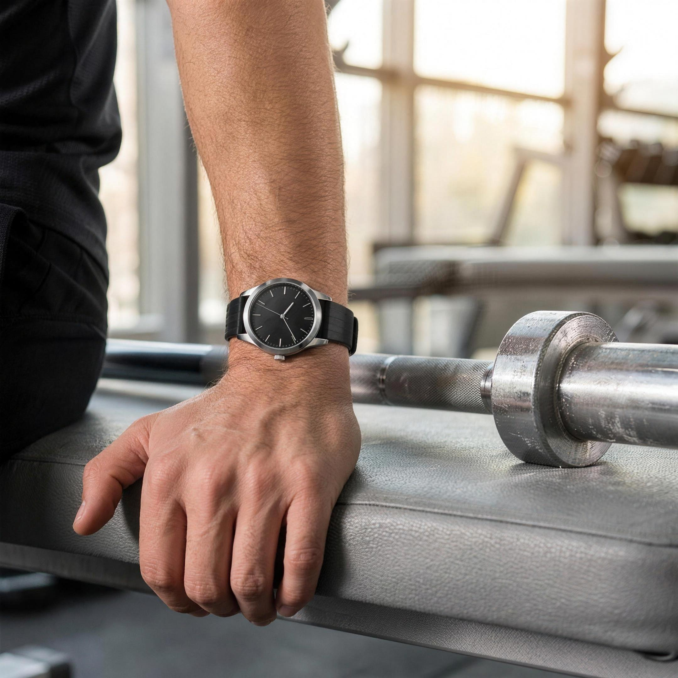 Black solid silicone watch strap on a steel watch, worn on a wrist in a bright gym
