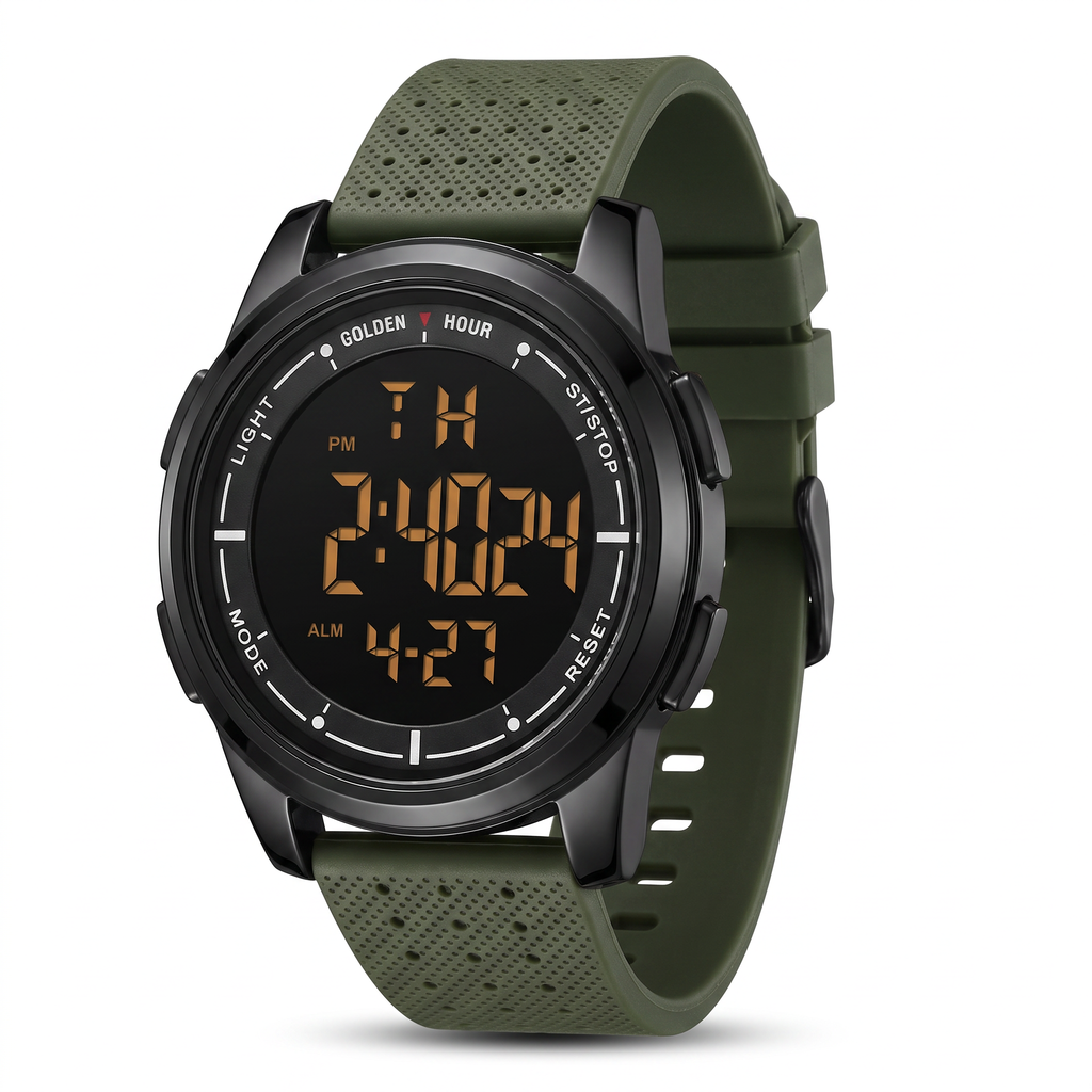 GOLDEN HOUR digital sport watch, black case with olive silicone strap, studio hero