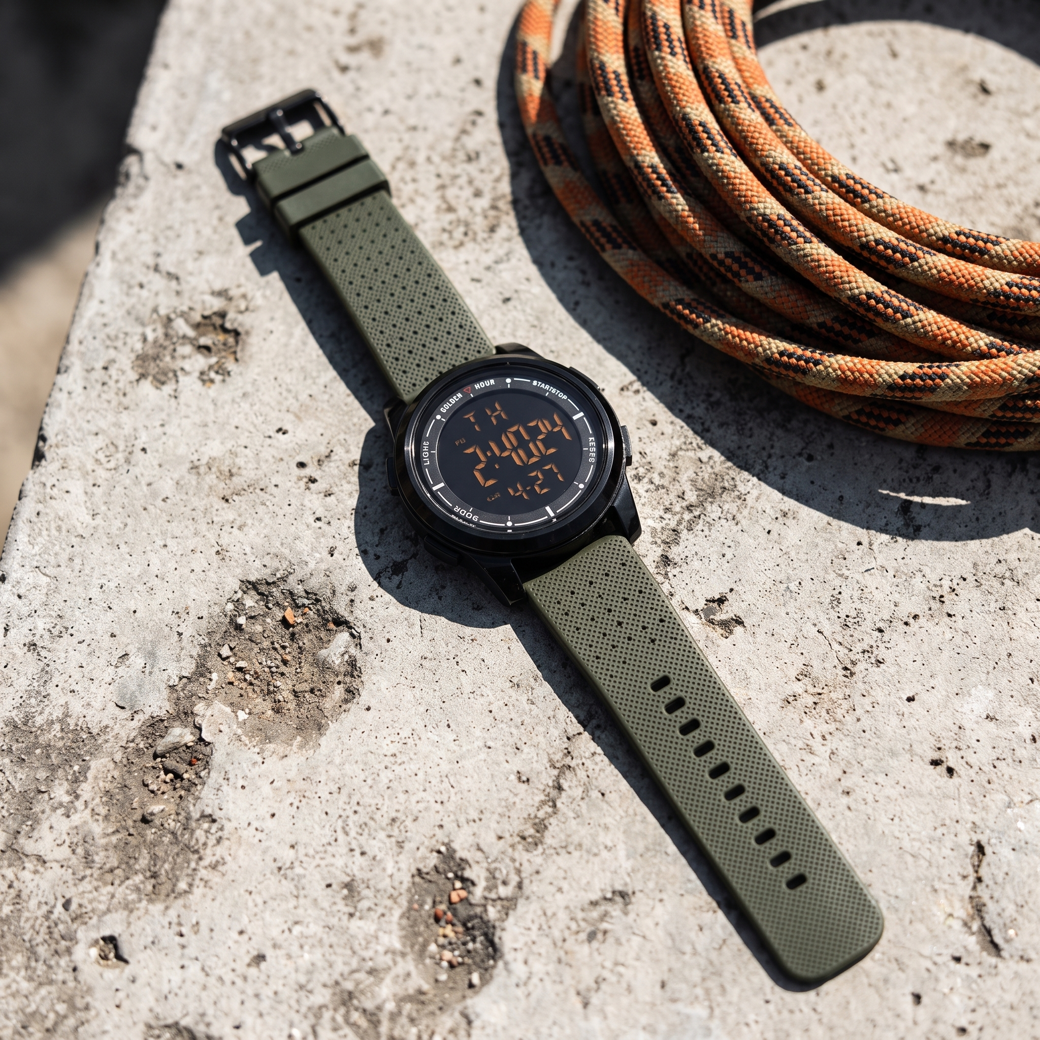 GOLDEN HOUR digital sport watch on concrete beside a climbing rope