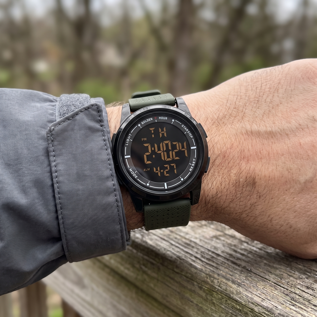 GOLDEN HOUR digital sport watch worn on the wrist outdoors