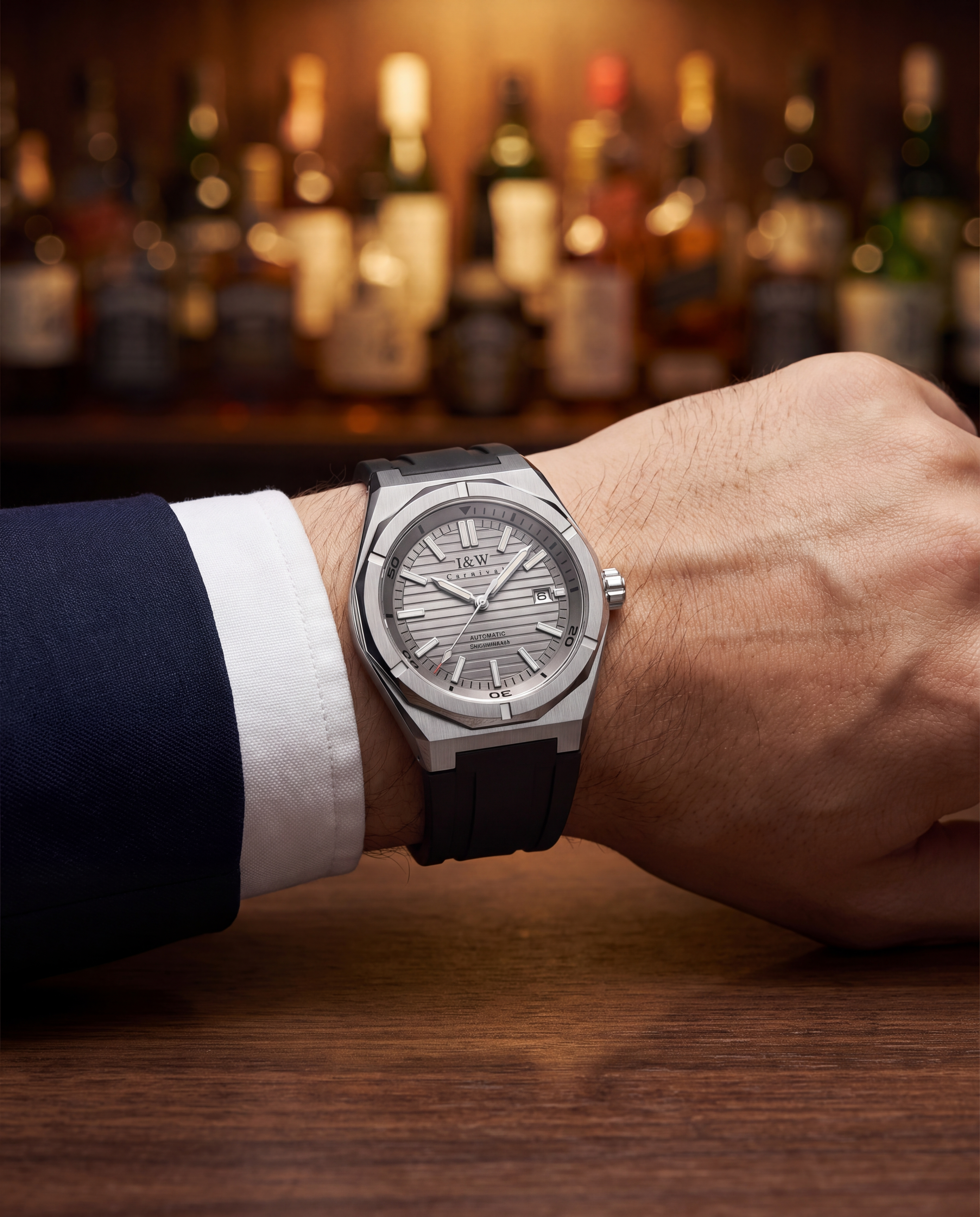 Carnival IW711G on wrist at walnut bar