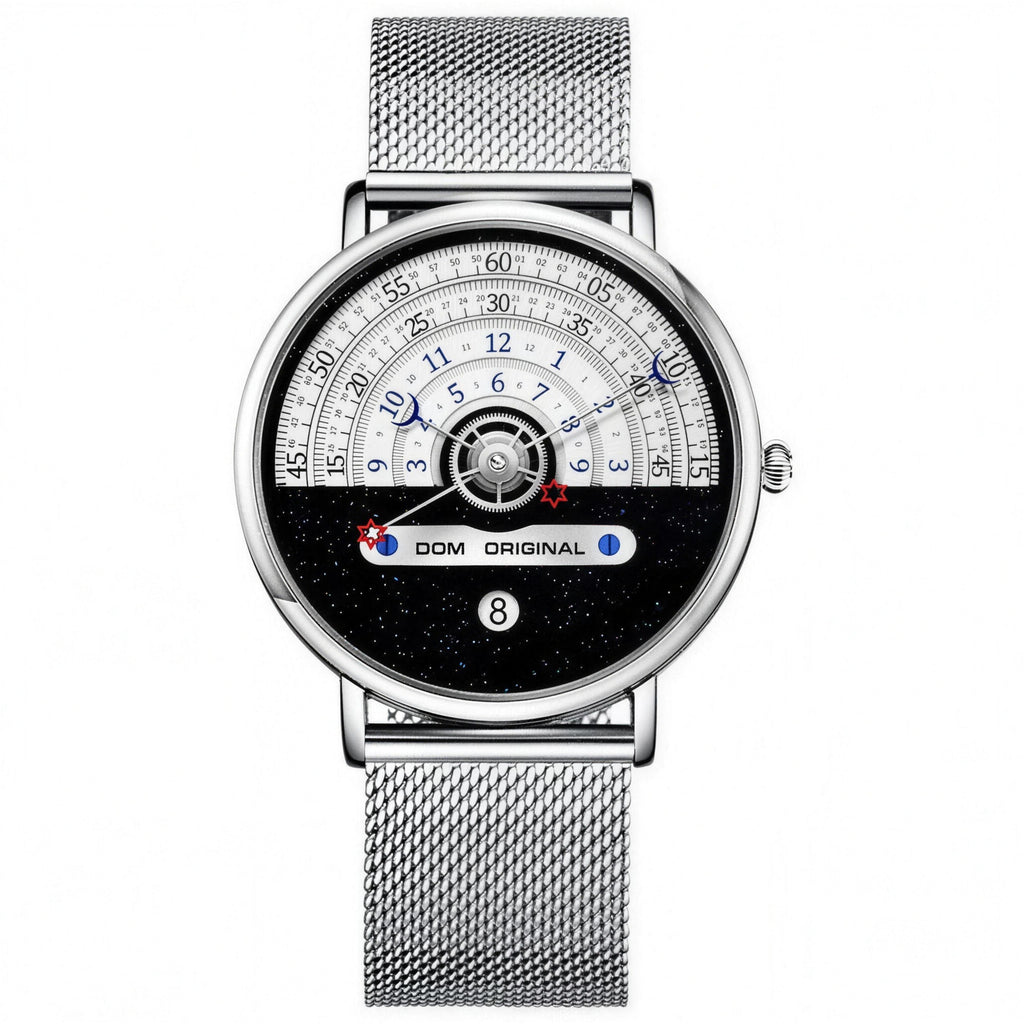 DOM M-1288 silver case and mesh bracelet with white half-dial