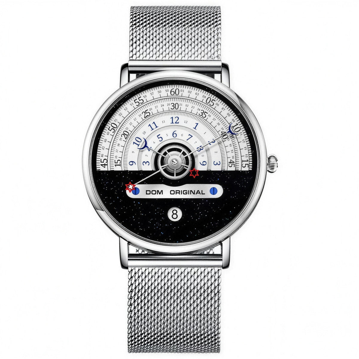 DOM M-1288 silver case and mesh bracelet with white half-dial