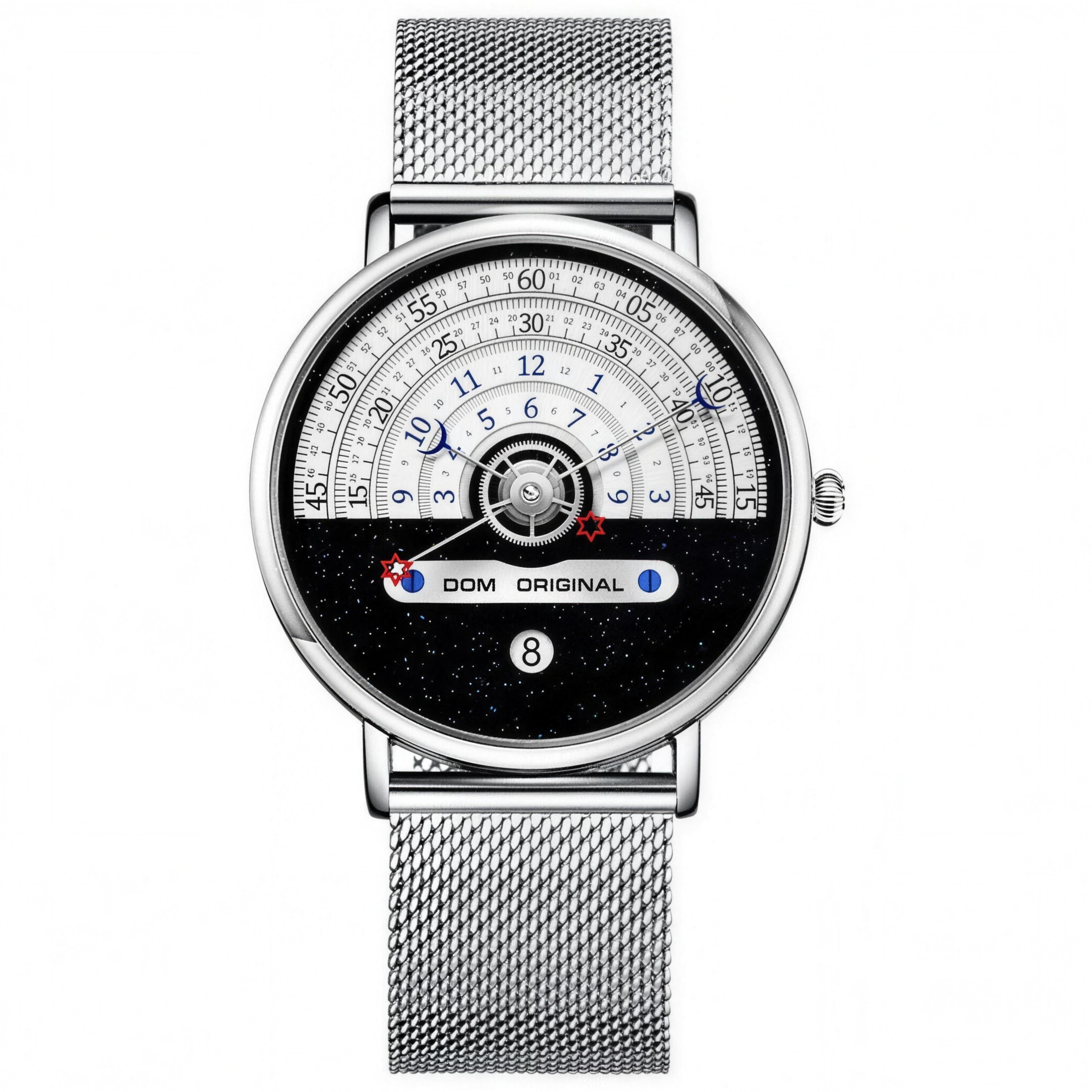 DOM M-1288 silver case and mesh bracelet with white half-dial