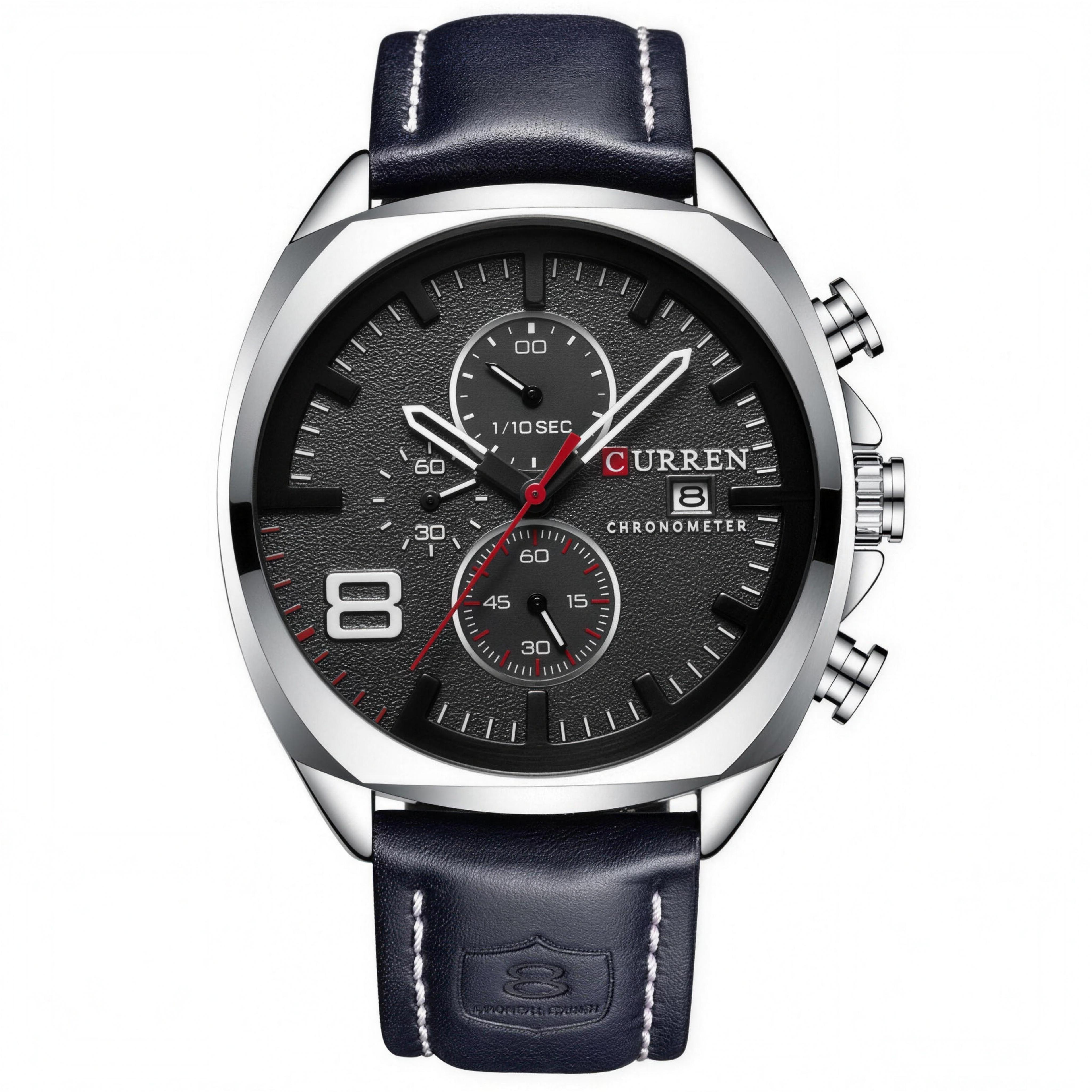 CURREN 47mm leather chronograph watch in Black on a white background
