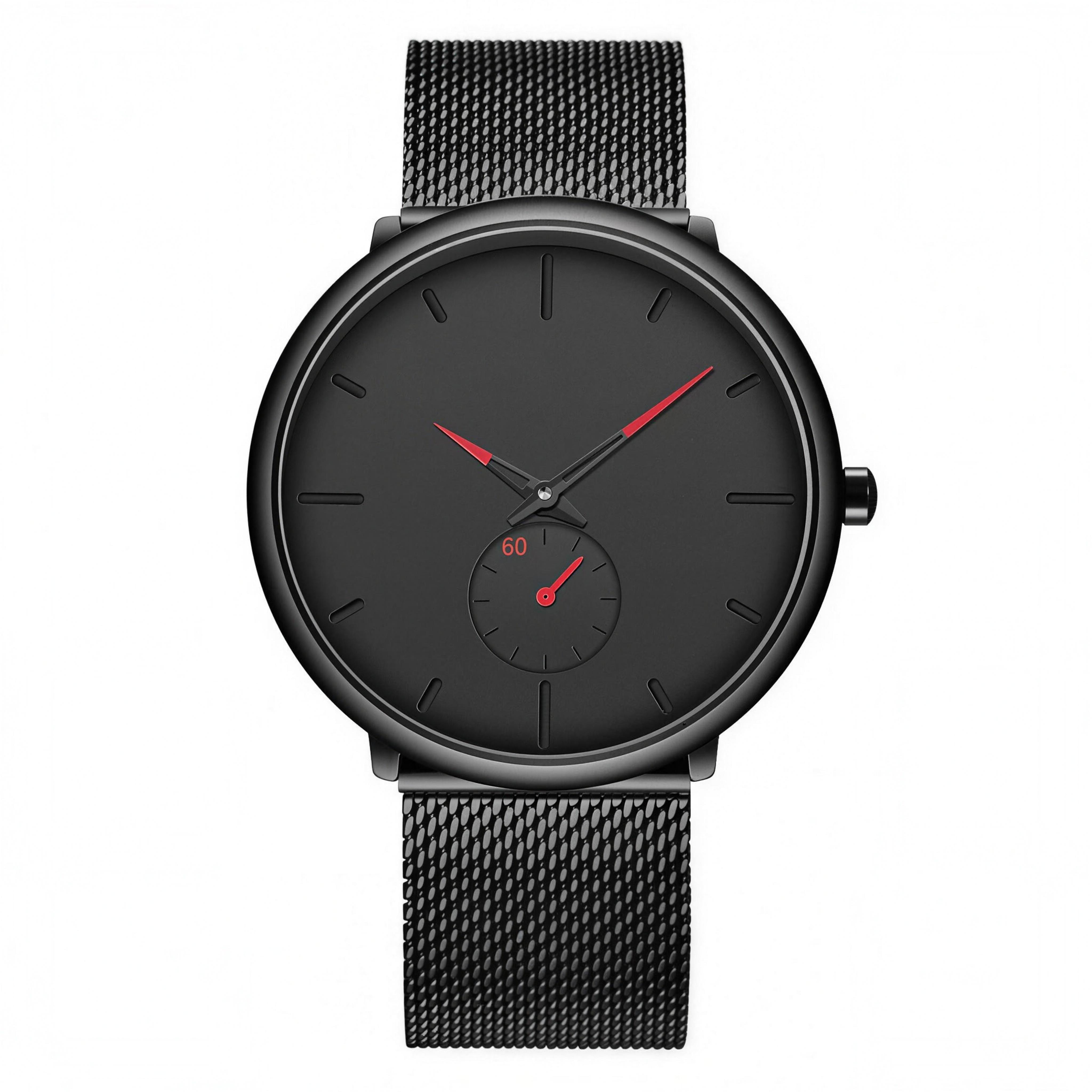 WINDOWSTIME minimalist black mesh quartz watch, Black #1 red accents