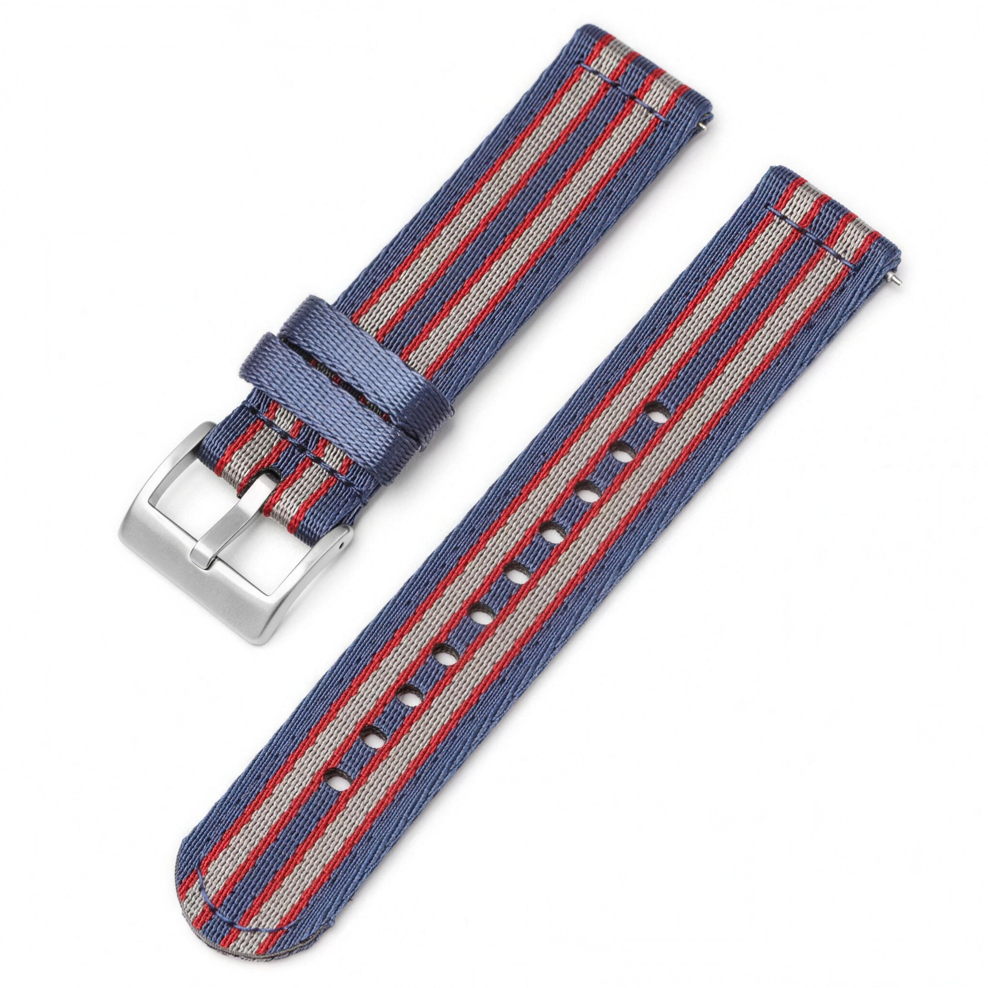 Blue, red and grey striped nylon quick-release watch strap, 20mm