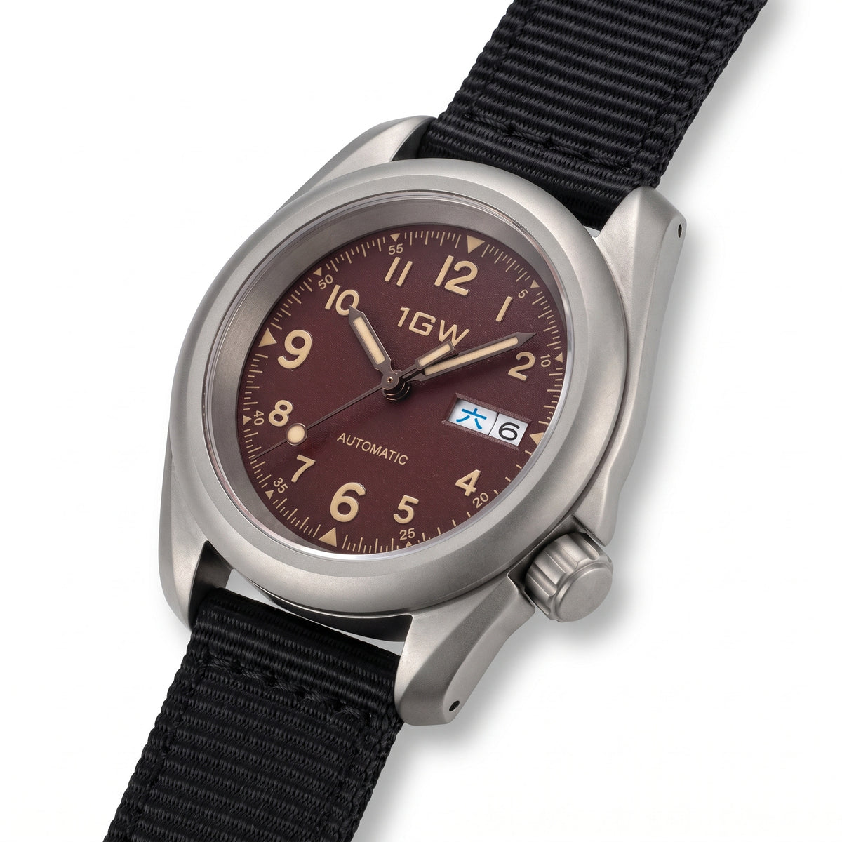 1GW Burgundy Field Day-Date Titanium 40mm - angled studio view on white with black nylon strap and day-date at 3