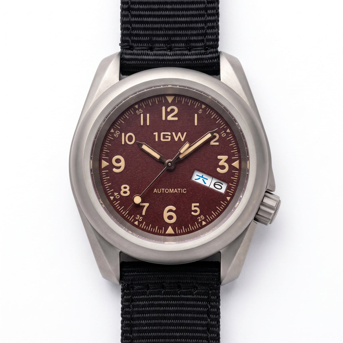 1GW Burgundy Field Day-Date Titanium 40mm - straight-on studio view on white with black nylon strap