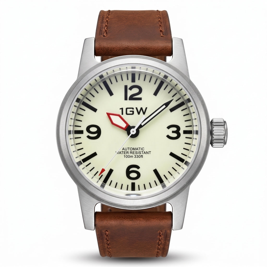 1GW Cream Field Automatic 36mm - straight-on studio front on white, cream lume dial and brown leather strap