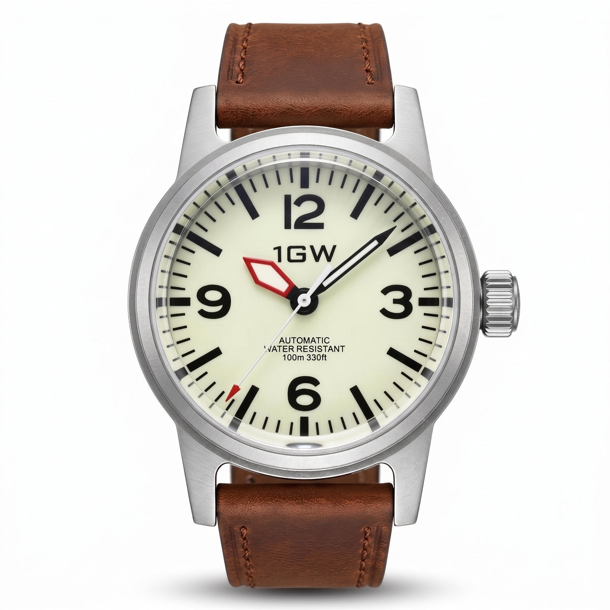 1GW Cream Field Automatic 36mm - straight-on studio front on white, cream lume dial and brown leather strap