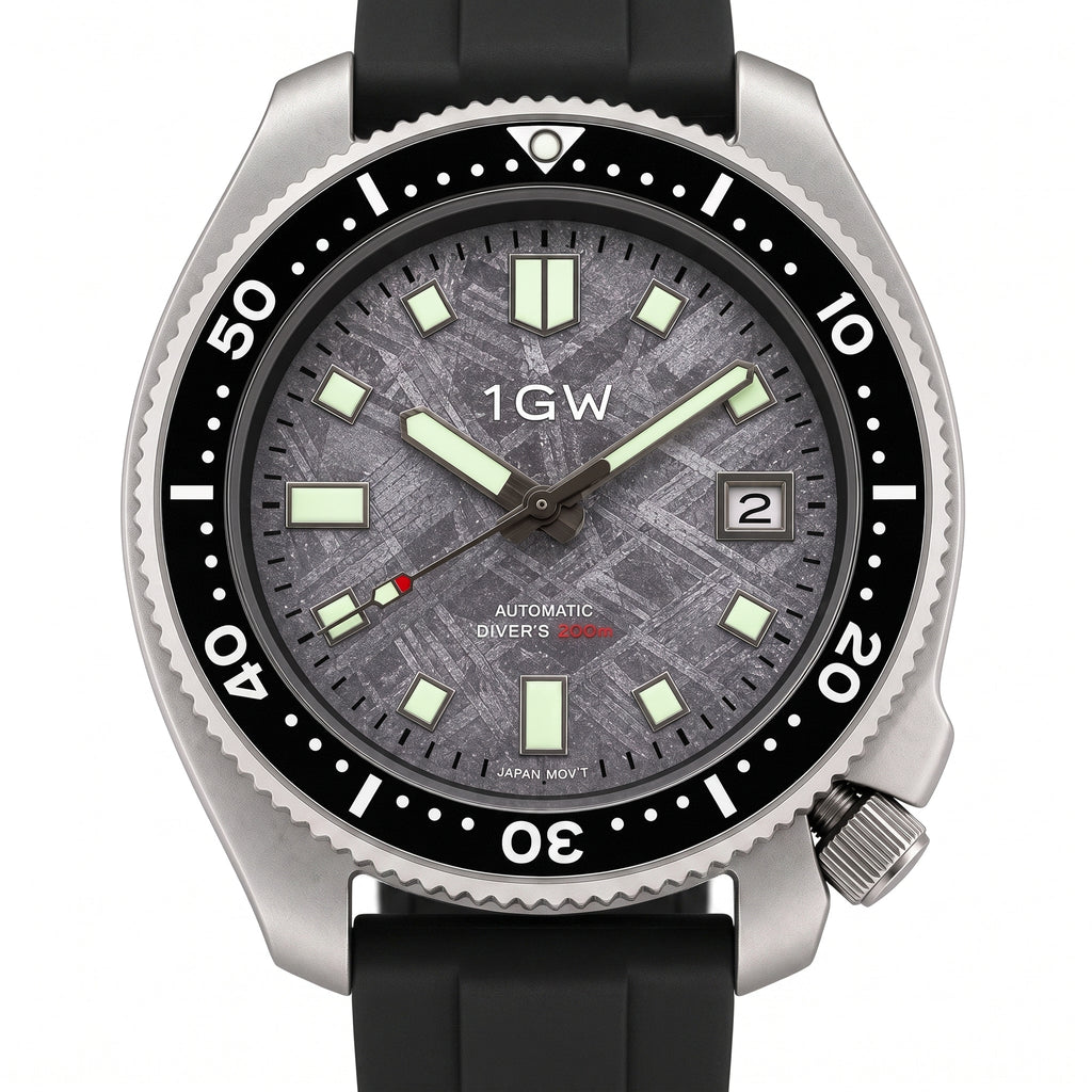 1GW Titanium Meteorite Turtle Automatic 44mm - straight-on studio front on white, meteorite dial and black rubber strap