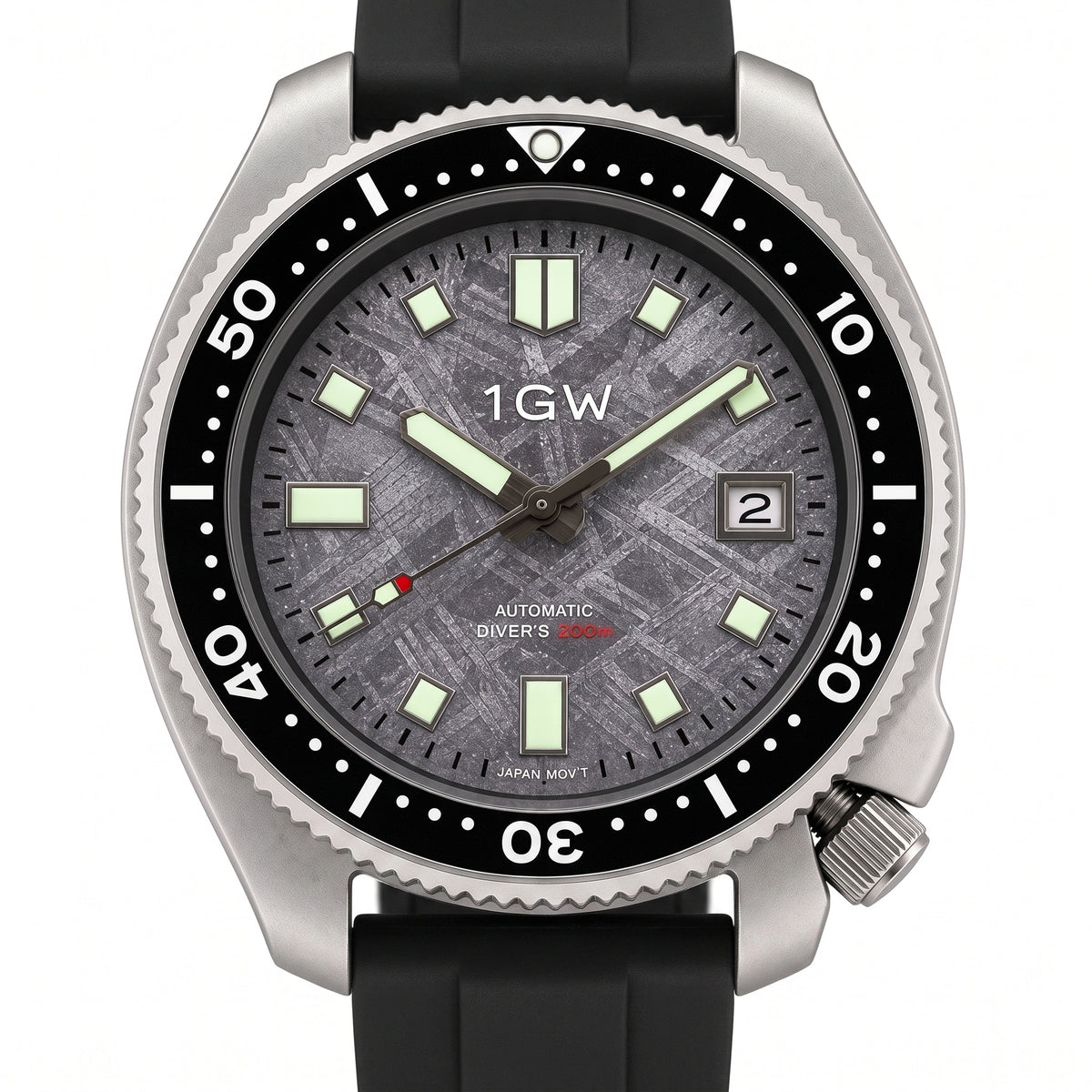 1GW Titanium Meteorite Turtle Automatic 44mm - straight-on studio front on white, meteorite dial and black rubber strap
