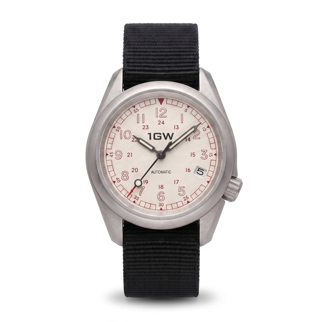 1GW White Field 24H Automatic - straight-on studio front on white, off-white 24-hour dial and black nylon strap