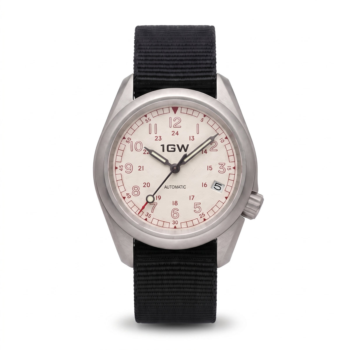 1GW White Field 24H Automatic - straight-on studio front on white, off-white 24-hour dial and black nylon strap