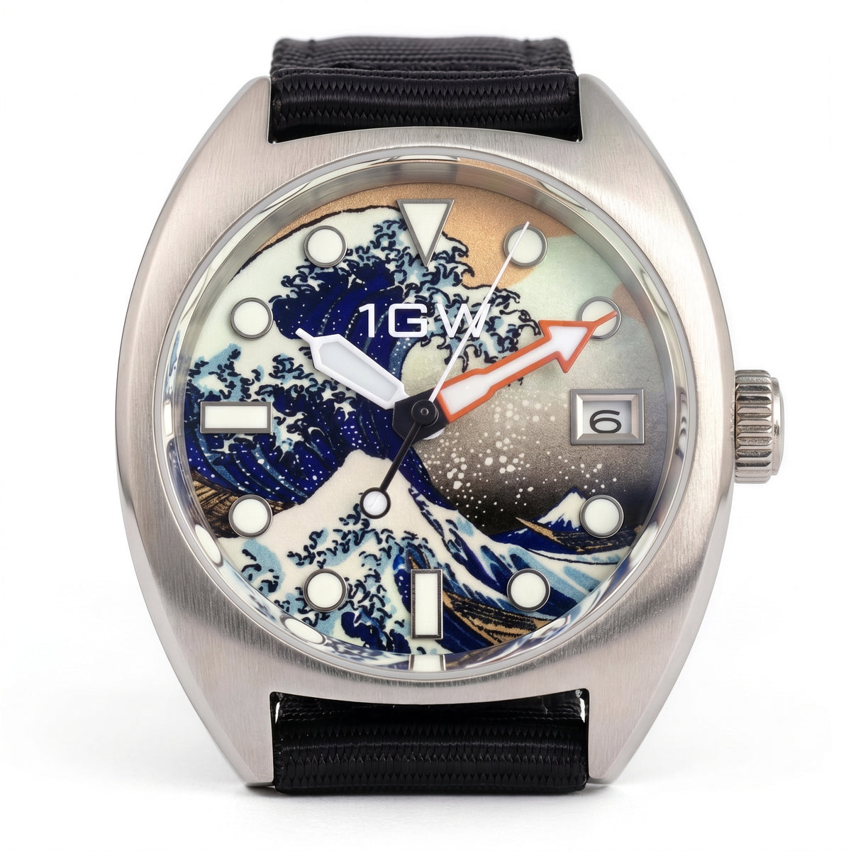 1GW Great Wave Automatic 36mm - straight-on studio front on white, Hokusai art dial and black nylon strap