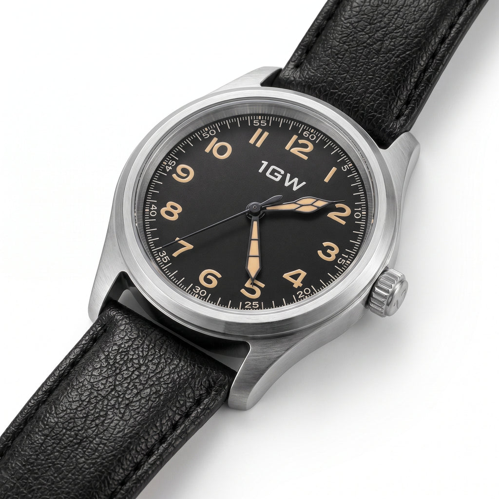 Black field automatic 36mm watch front view on white