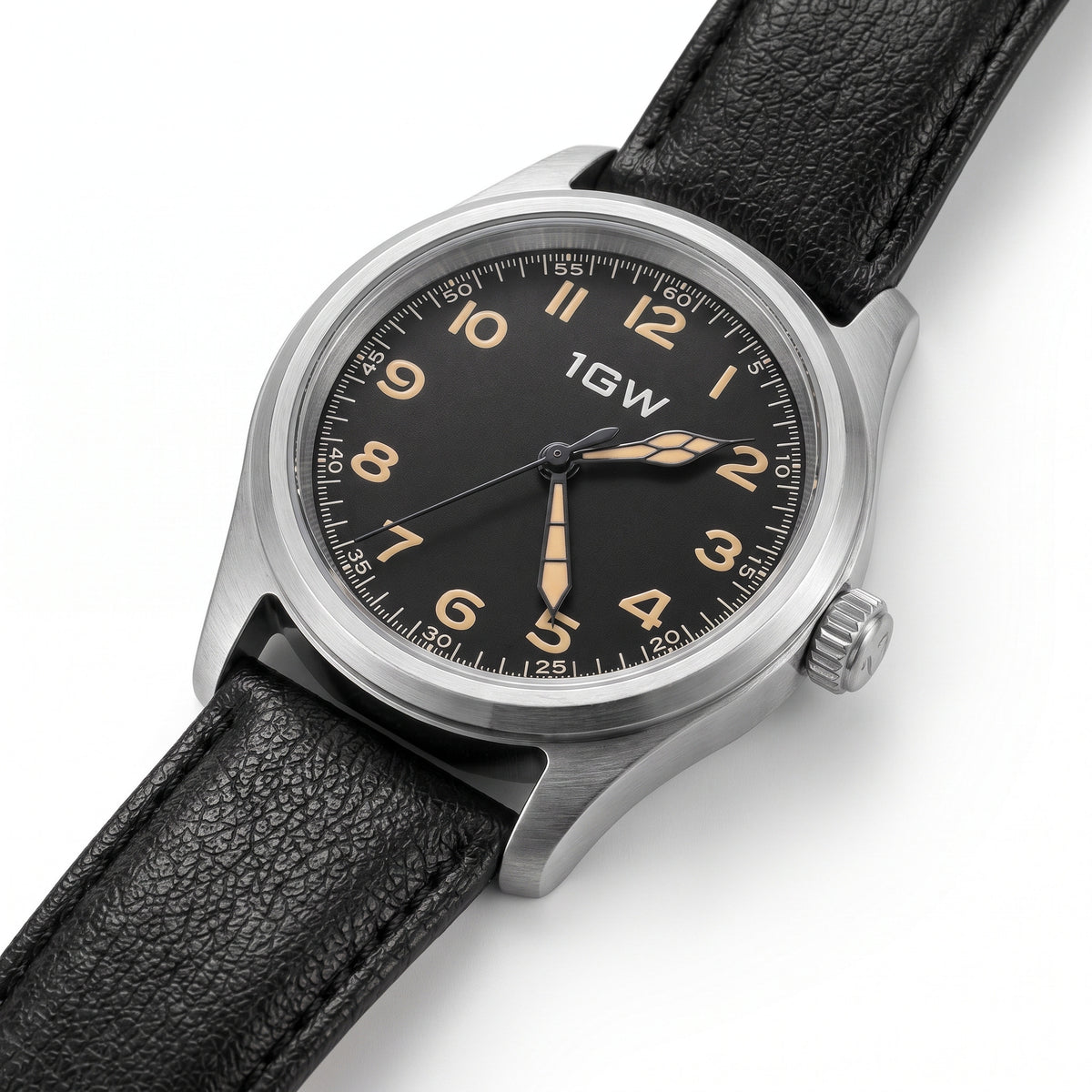 Black field automatic 36mm watch front view on white