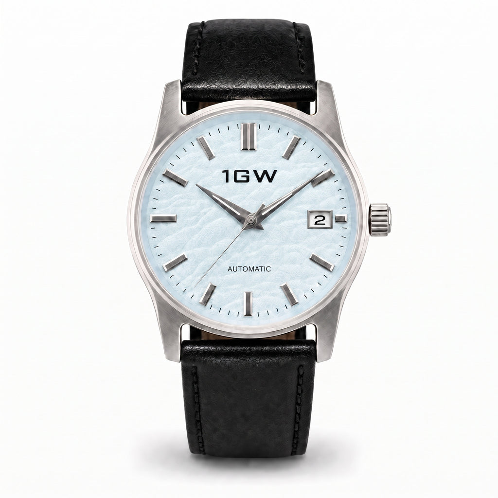 1GW Baby Blue Textured Automatic 39mm - straight-on studio front on white, ice-blue textured dial and black leather strap