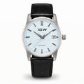 1GW Baby Blue Textured Automatic 39mm - straight-on studio front on white, ice-blue textured dial and black leather strap