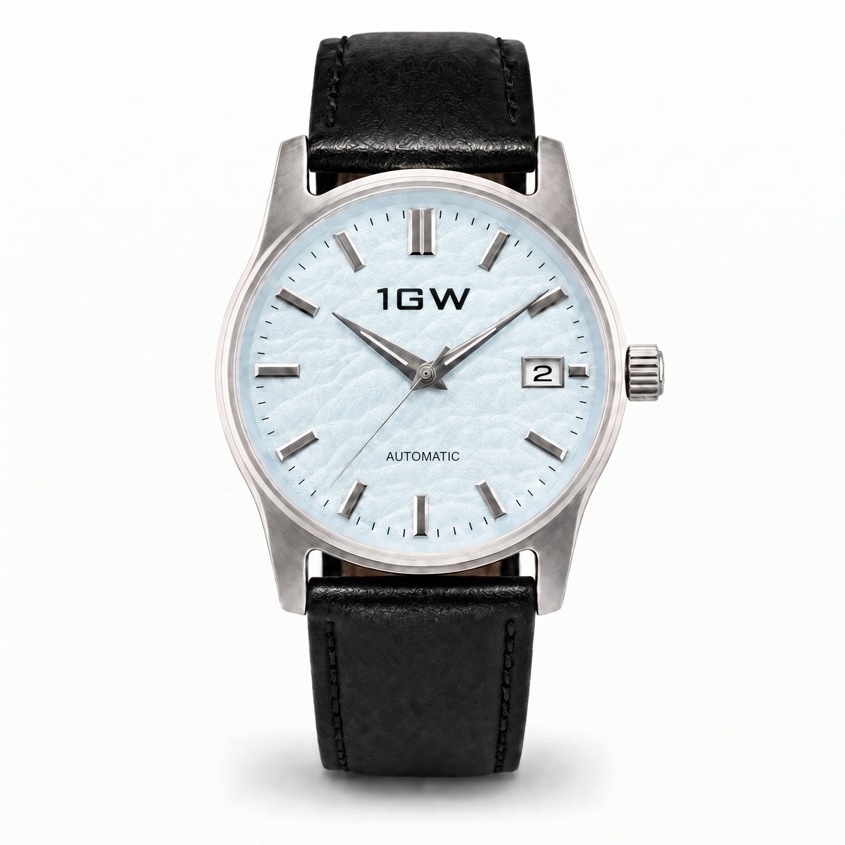 1GW Baby Blue Textured Automatic 39mm - straight-on studio front on white, ice-blue textured dial and black leather strap