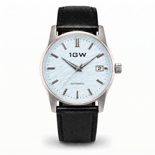 1GW Baby Blue Textured Automatic 39mm - straight-on studio front on white, ice-blue textured dial and black leather strap