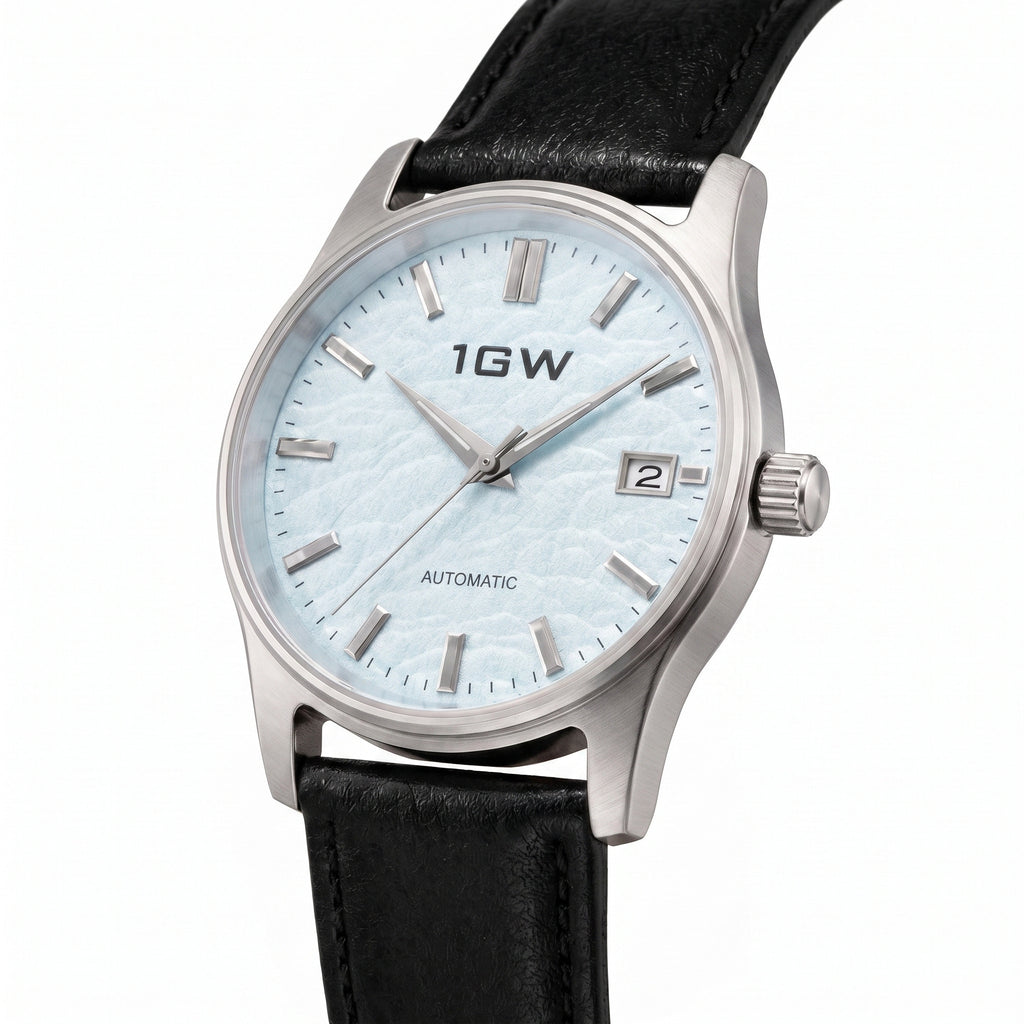 1GW Baby Blue Textured Automatic 39mm - angled studio close view of the ice-blue textured dial