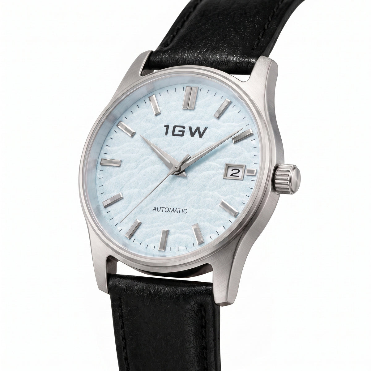 1GW Baby Blue Textured Automatic 39mm - angled studio close view of the ice-blue textured dial