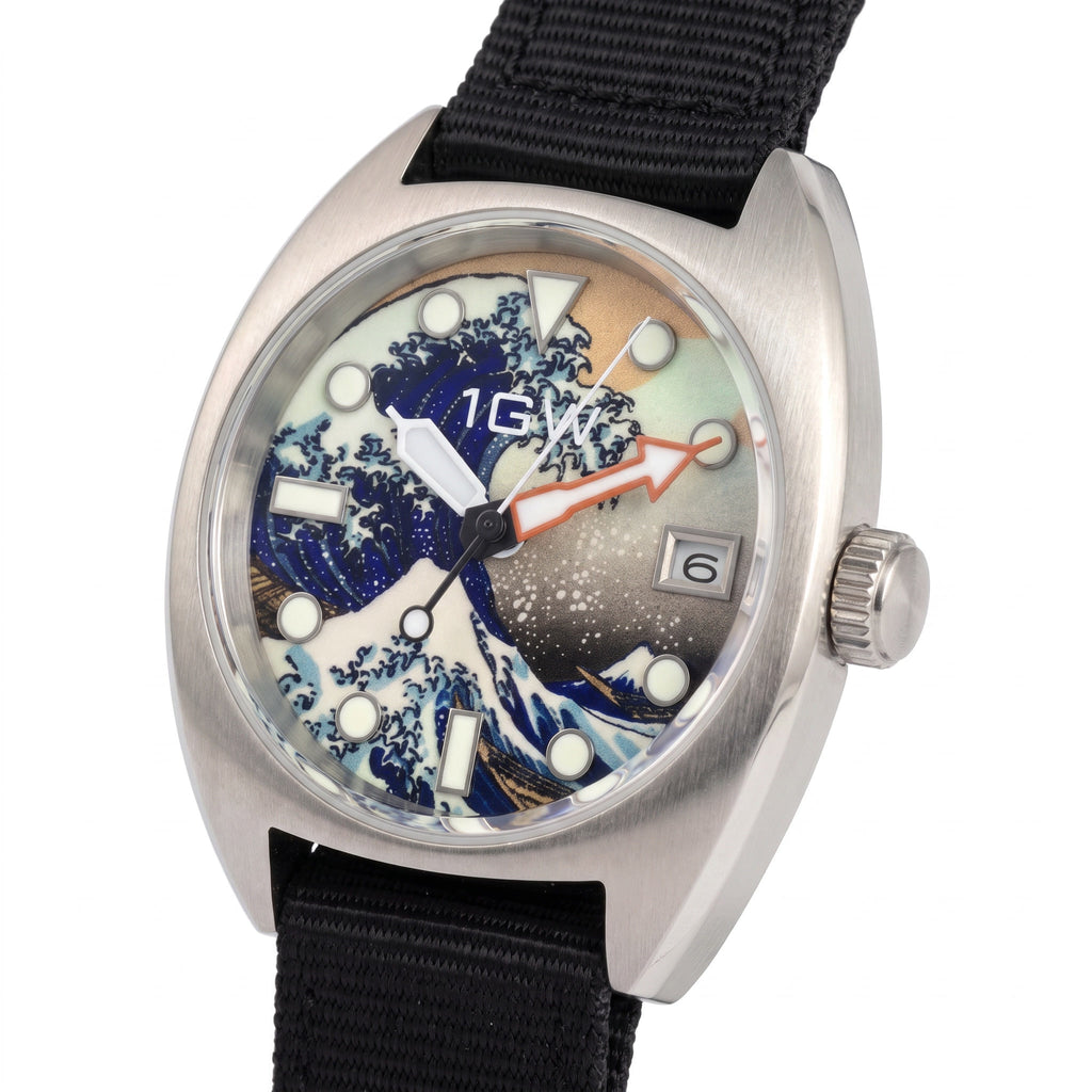 1GW Great Wave Automatic 36mm - angled studio close view of the Hokusai art dial