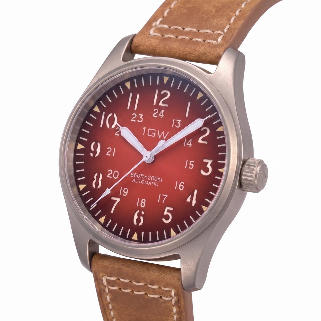 1GW Titanium Red GMT Automatic 36mm - angled studio close view of the red gradient 24-hour dial