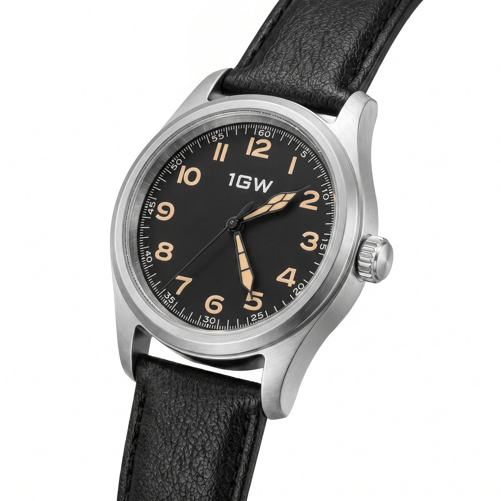 Black field automatic 36mm watch angled dial view on white