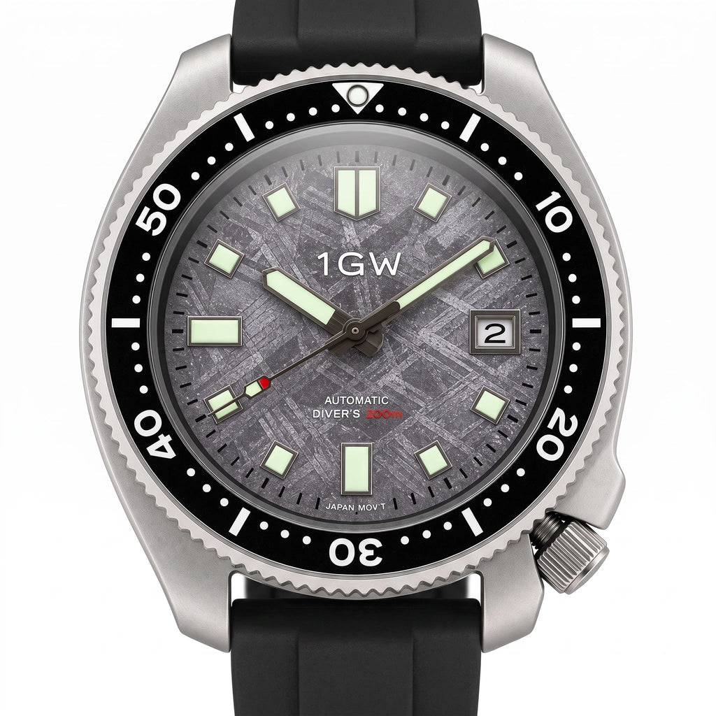 1GW Titanium Meteorite Turtle Automatic 44mm - angled studio close view of the meteorite dial and dive bezel