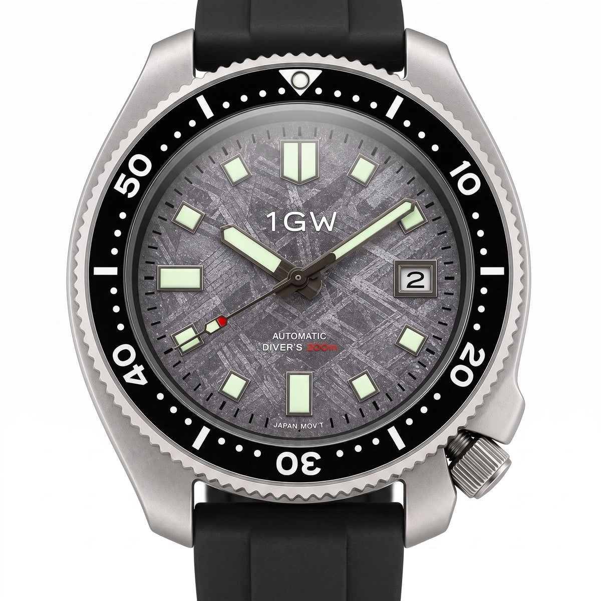 1GW Titanium Meteorite Turtle Automatic 44mm - angled studio close view of the meteorite dial and dive bezel