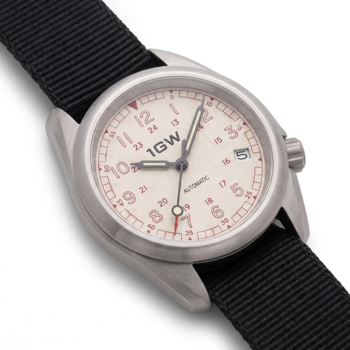 1GW White Field 24H Automatic - angled studio close view of the off-white 24-hour dial