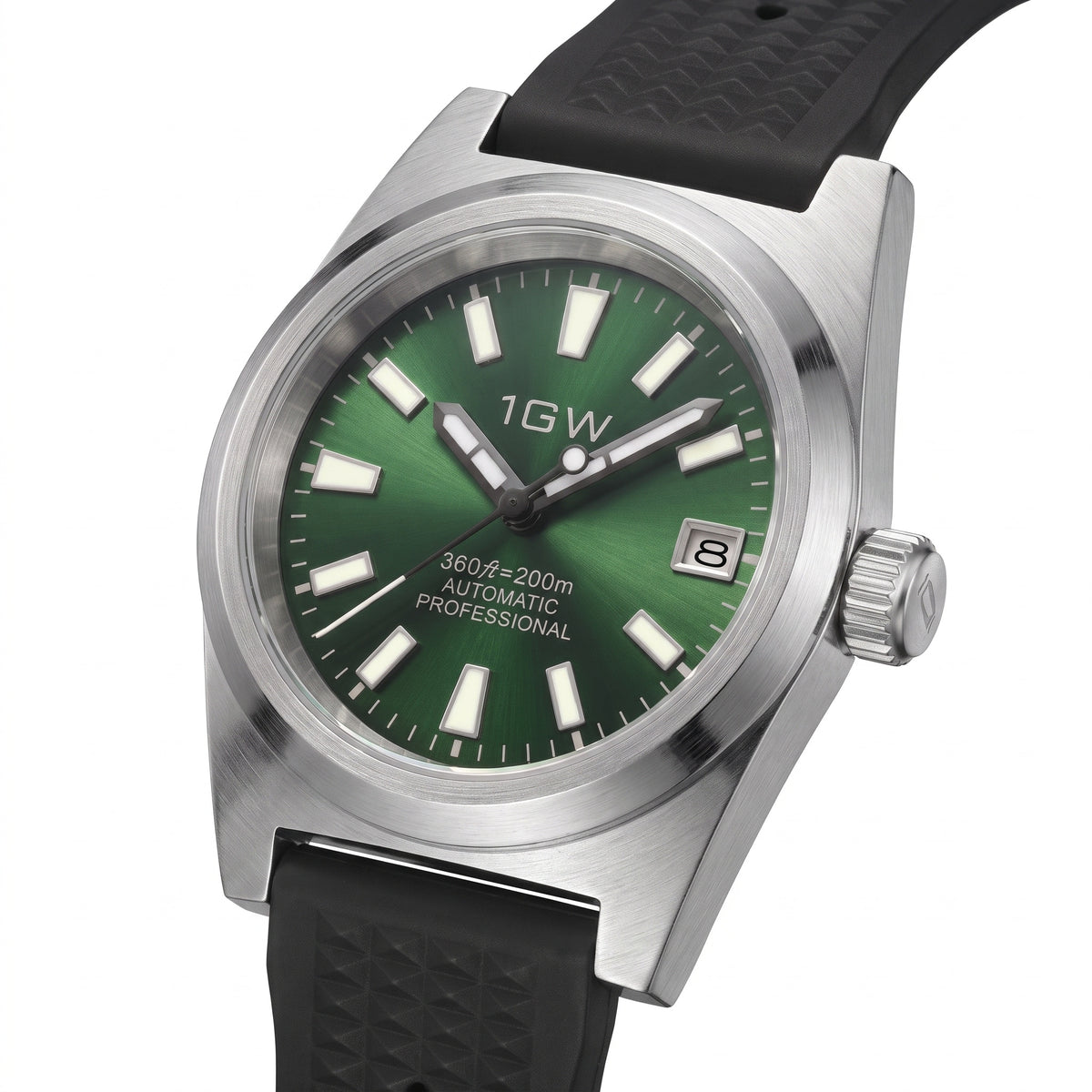 Close view of 1GW Green Professional Diver automatic watch with green sunburst dial