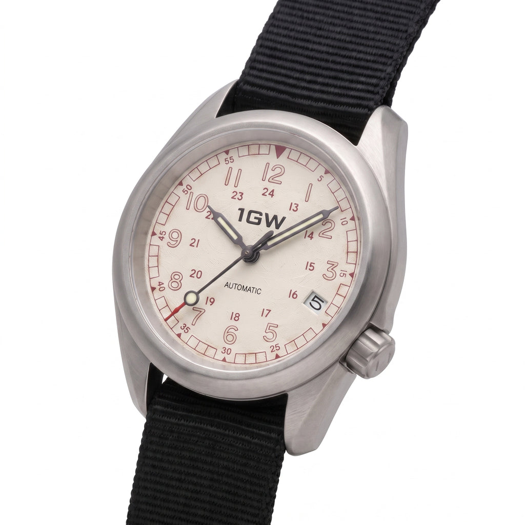 1GW White Field 24H Automatic - three-quarter studio angle on white showing case profile and crown