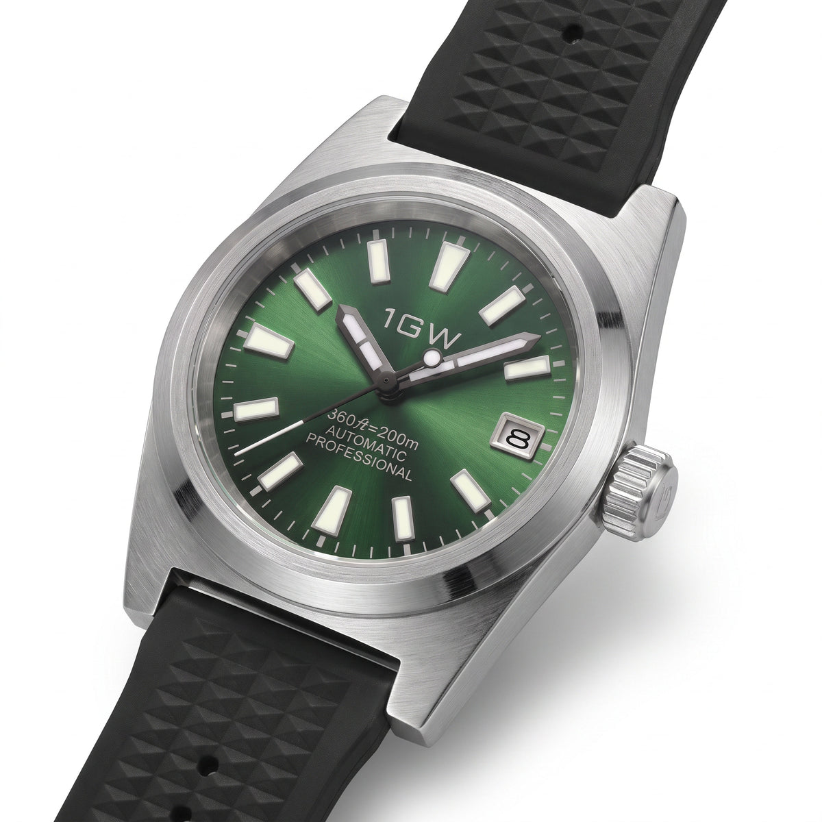 1GW Green Professional Diver automatic watch with green dial and black rubber strap on white background