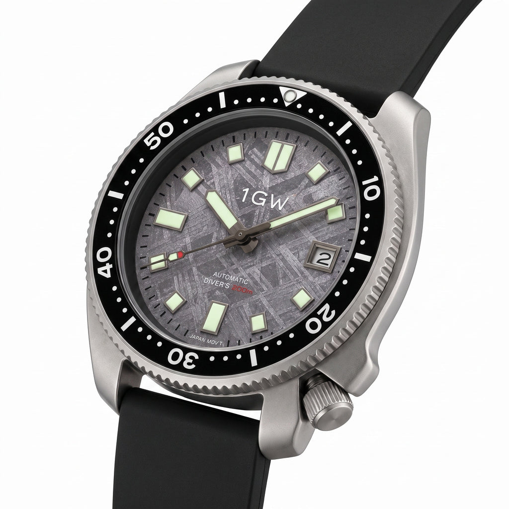 1GW Titanium Meteorite Turtle Automatic 44mm - three-quarter studio angle on white showing titanium turtle case profile