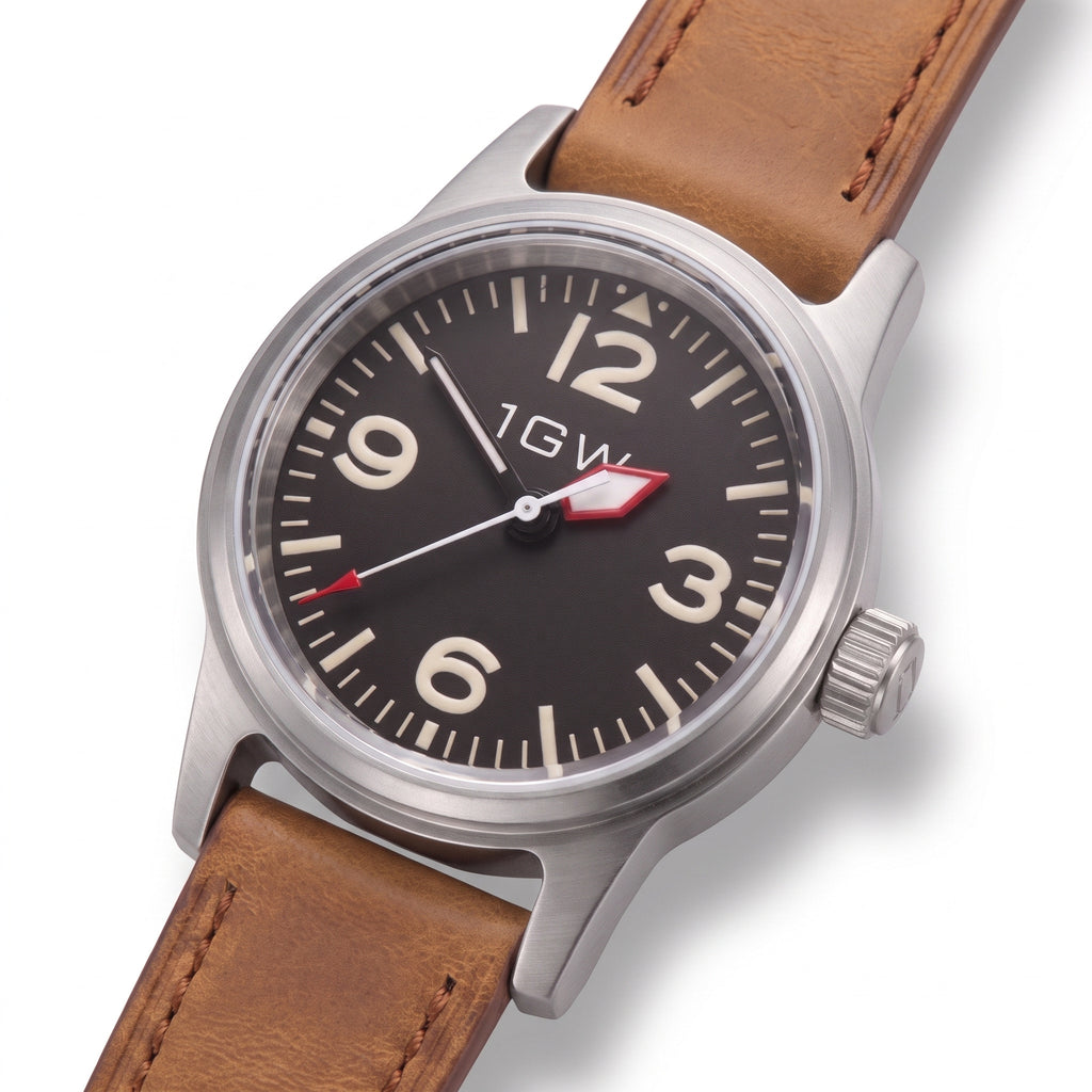 1GW Black Explorer NH35 - angled studio close view of the black dial and tan leather strap